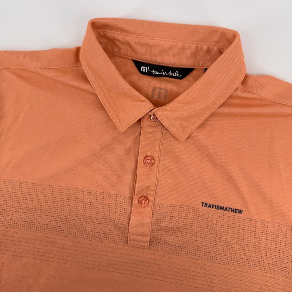 TravisMathew Polo Shirt Men‎ Medium Orange Micro-Stripe Pima Cotton Short Sleeve